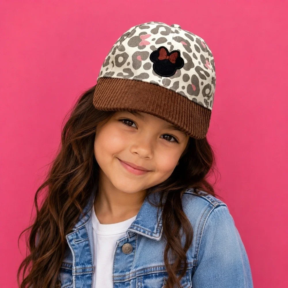 Disney Minnie Mouse Girl's Hat Leopard Print Corduroy Brim Theme Park Wear Cute!